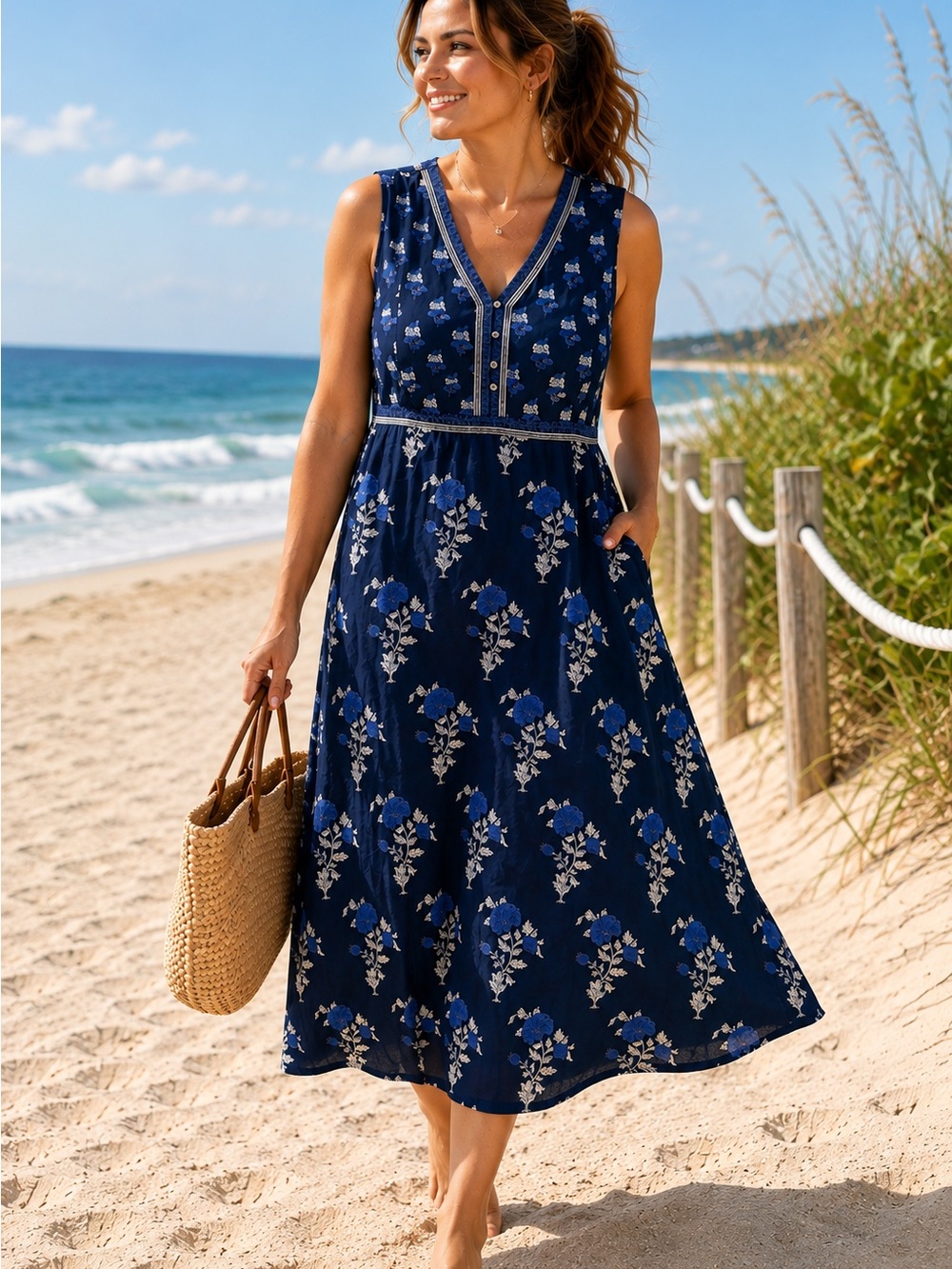 J.Jill Pure Jill XL Navy Blue Floral Sleeveless Midi Maxi Dress Boho